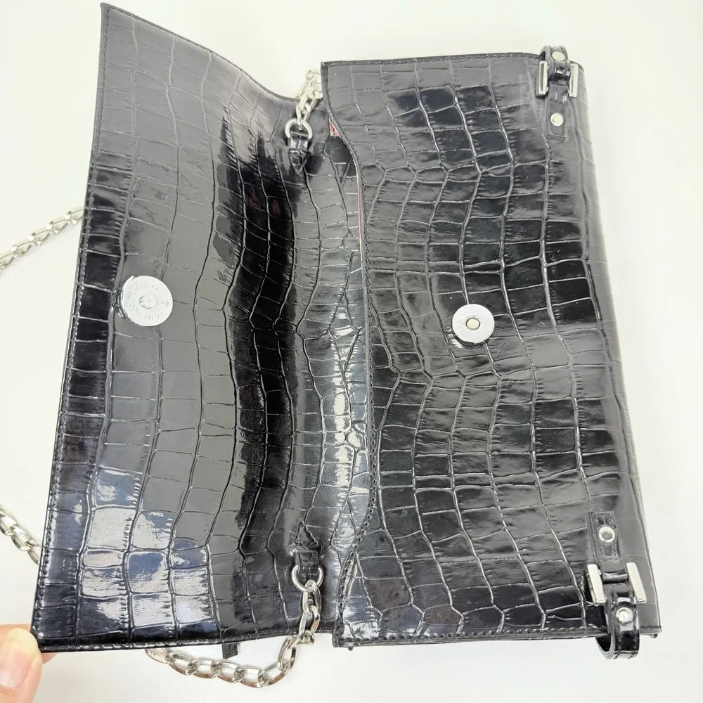 GUESS Black Croc Embossed Shoulder Bag Silver Chain Strap Vintage Y2K Purse